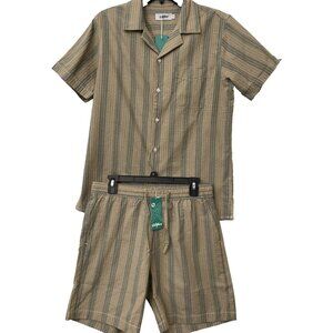 VATPAVE Set Shorts & Shirt Button Striped Brown Green Size Small NWT Stretch
